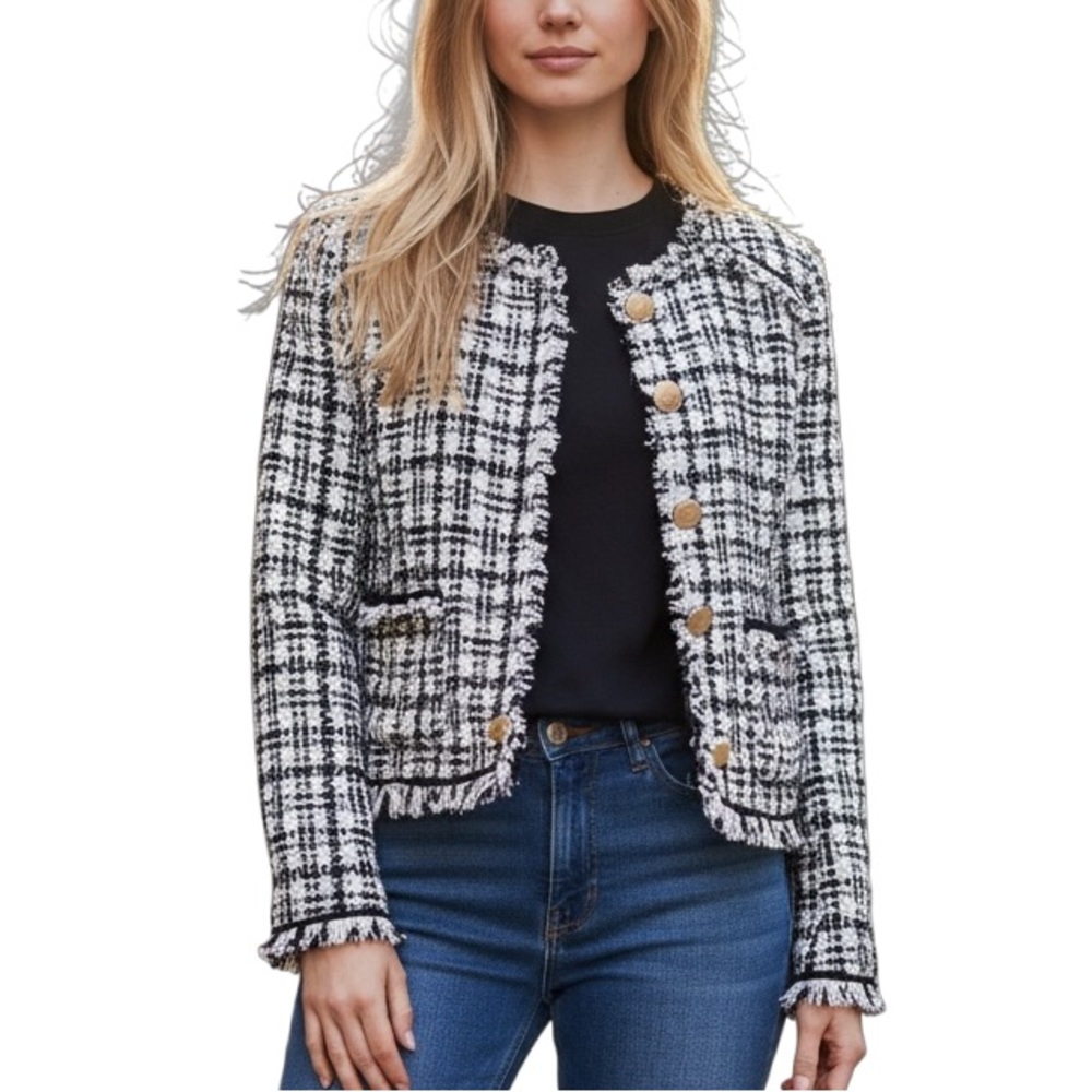 Walter Baker Baca Cream Black Tweed Fringe Jacket Faux Leather Trim Size L